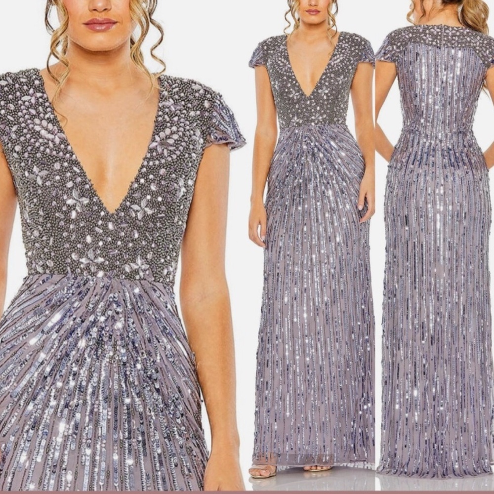 Mac Duggal V-neck Cap Sleeve Hand Embellished Gown